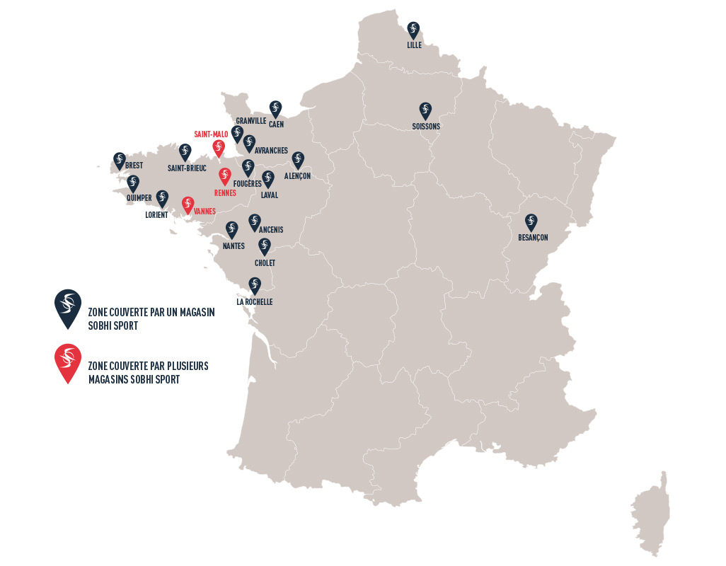 carte de France des implantations des magasins de running Sobhi Sport