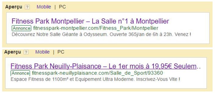 Exemples annonces adwords Fitness Park