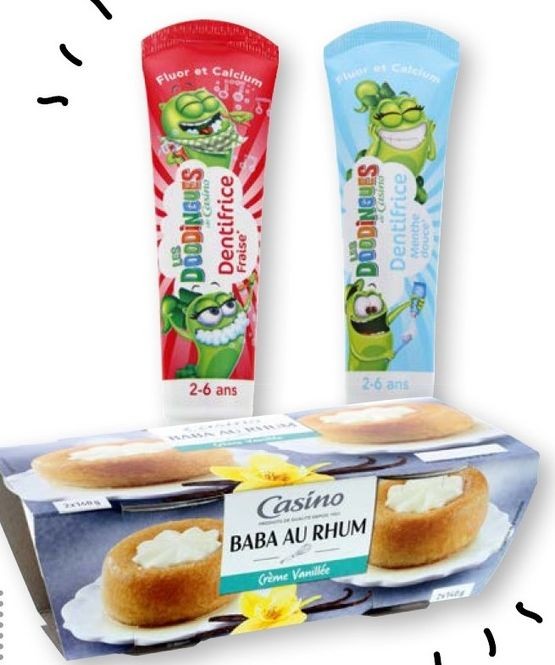 dentifrice et baba au rhum de la marque Casino sans dioxyde de titane