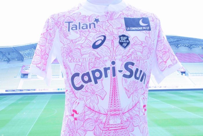 maillot du stade francais paris rugby sponsorisé par capri sun, talan et la compagnie du lit 