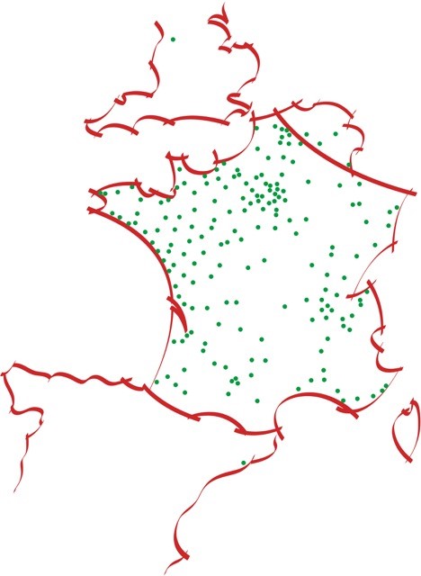 carte d'implantations daniel moquet en france, en grande bretagne, en belgique et en espagne.