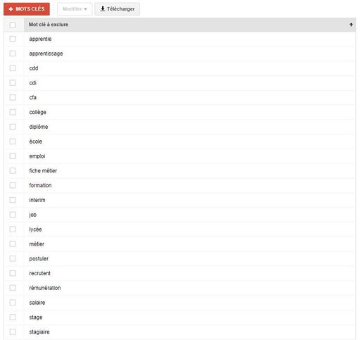 tableau de mots clés exclus des campagnes geolid
