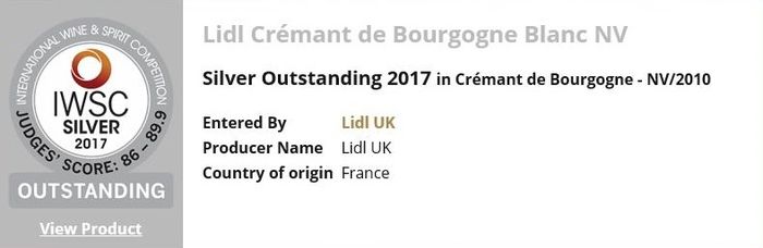 note obtenu par le crémant de bourgogne blanc NV 2010 de lidl au classement IWSC