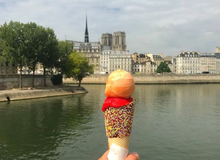 cornet de boules de glace artisanale devant notre dame de paris